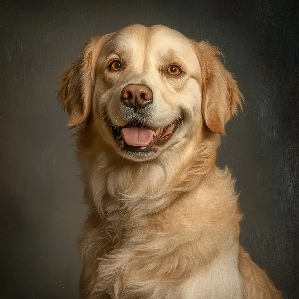 Here's a description of the image:

Close-up portrait of a light golden retriever, its fur appearing soft and fluffy.  The dog is positioned slightly angled, facing the viewer with a cheerful expression, its mouth slightly open, revealing a pink tongue.  Its eyes are a warm amber color, and its overall demeanor is friendly and happy. The background is a dark, muted grayish-brown, providing a contrast to the dog's lighter coat.  The image style suggests a painted portrait, with subtle brushstrokes visible, giving it a classic, almost regal feel.