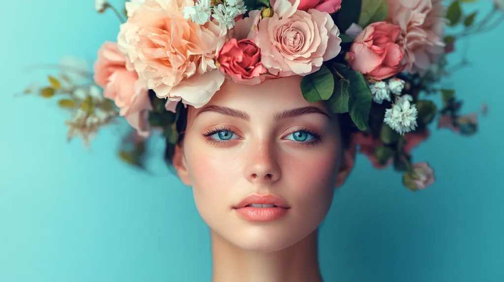 A young woman with flawless skin and bright blue eyes is the focal point of the image.  She wears a crown of delicate pink, peach, and white flowers, which encompass her head. The flowers are lush and vibrant, contrasting beautifully against her light complexion. The background is a soft, aqua blue, further emphasizing the subject's ethereal beauty. The overall mood is one of serenity and springtime freshness.