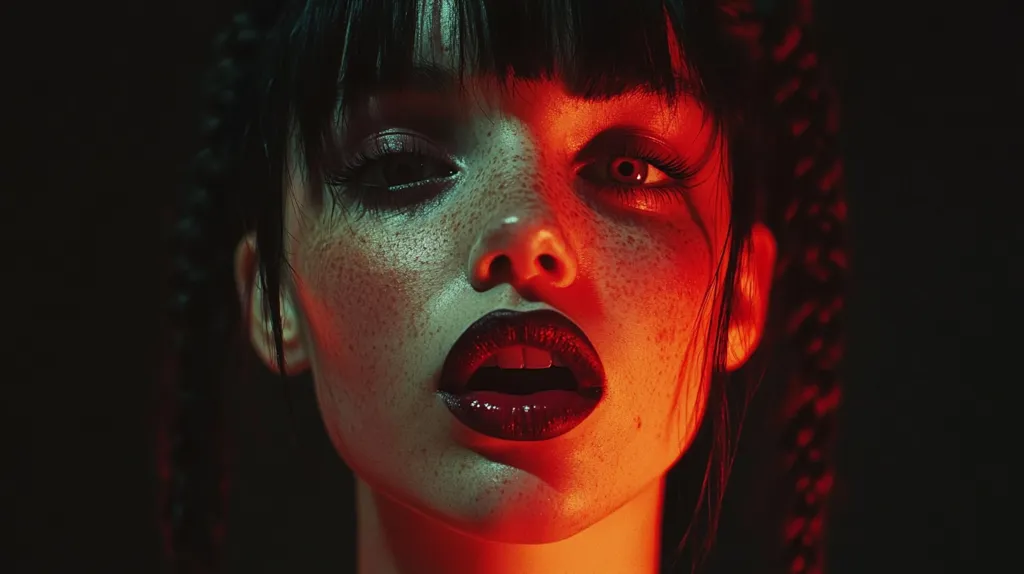 Close-up portrait of a young woman with dark hair styled in braids. Her face is illuminated by a dramatic red light, highlighting her freckles and dark lipstick. She has a captivating gaze, her eyes accentuated by dark eyeliner and mascara. The contrast between the red light and her pale skin creates a striking visual effect.  The overall mood is intense and slightly mysterious.