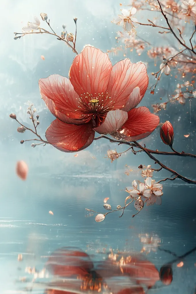A large, vibrant coral-colored flower, possibly a peony or camellia, takes center stage in this ethereal artwork.  Delicate, gold-tinged blossoms and branches complement it, creating a sense of delicate balance.  Petals seem to drift on a gentle breeze, reflecting in the calm, teal water below, suggesting a tranquil, possibly mystical atmosphere. The overall style is painterly and dreamlike, with soft focus and a subtle, misty background.
