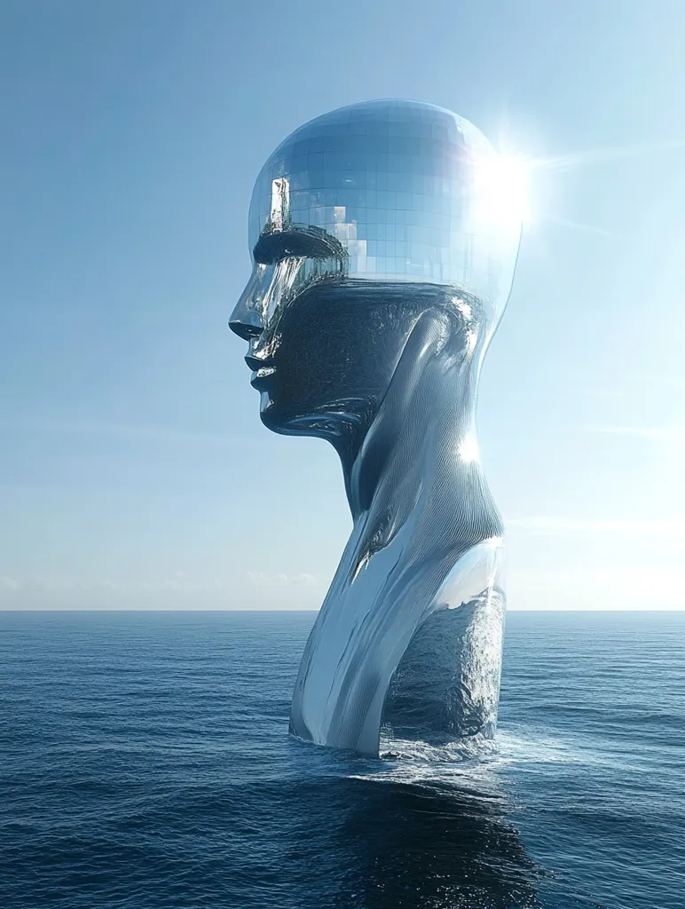 A colossal, chrome head sculpture, partially submerged in a tranquil ocean, dominates the image.  The reflective surface mirrors a building, creating a surreal juxtaposition of nature and architecture.  The head is elegantly sculpted, with smooth lines and a serene expression, contrasting the vastness and power of the sea. Sunlight glints off the metallic surface, adding a sense of luminosity and mystery to this striking, minimalist artwork. The overall effect is one of contemplative beauty and enigmatic symbolism.