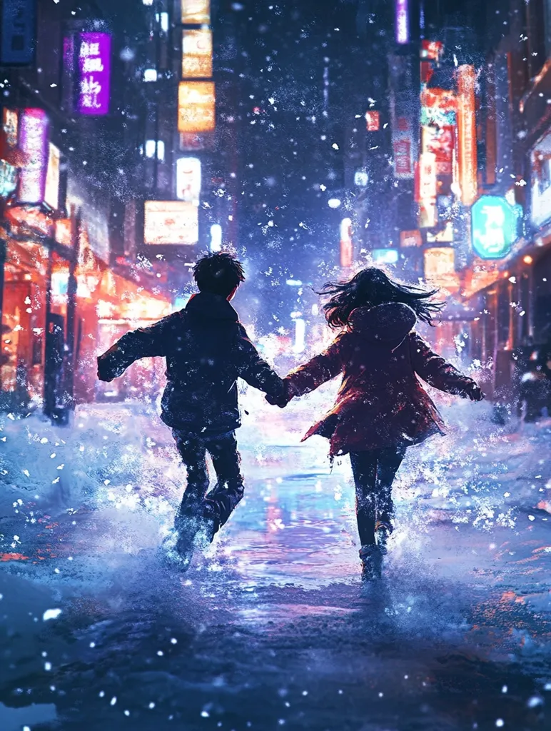 A digital painting depicts a young couple joyously running hand-in-hand through a snow-covered city street at night.  Brightly lit shops and buildings line the street, their neon signs reflecting in the wet snow.  Snowflakes fall around the pair, adding to the magical, romantic atmosphere. The scene is rendered in a vibrant, almost dreamlike style, emphasizing the emotion and energy of the moment.  The focus is on the couple's shared happiness and the enchanting winter setting.