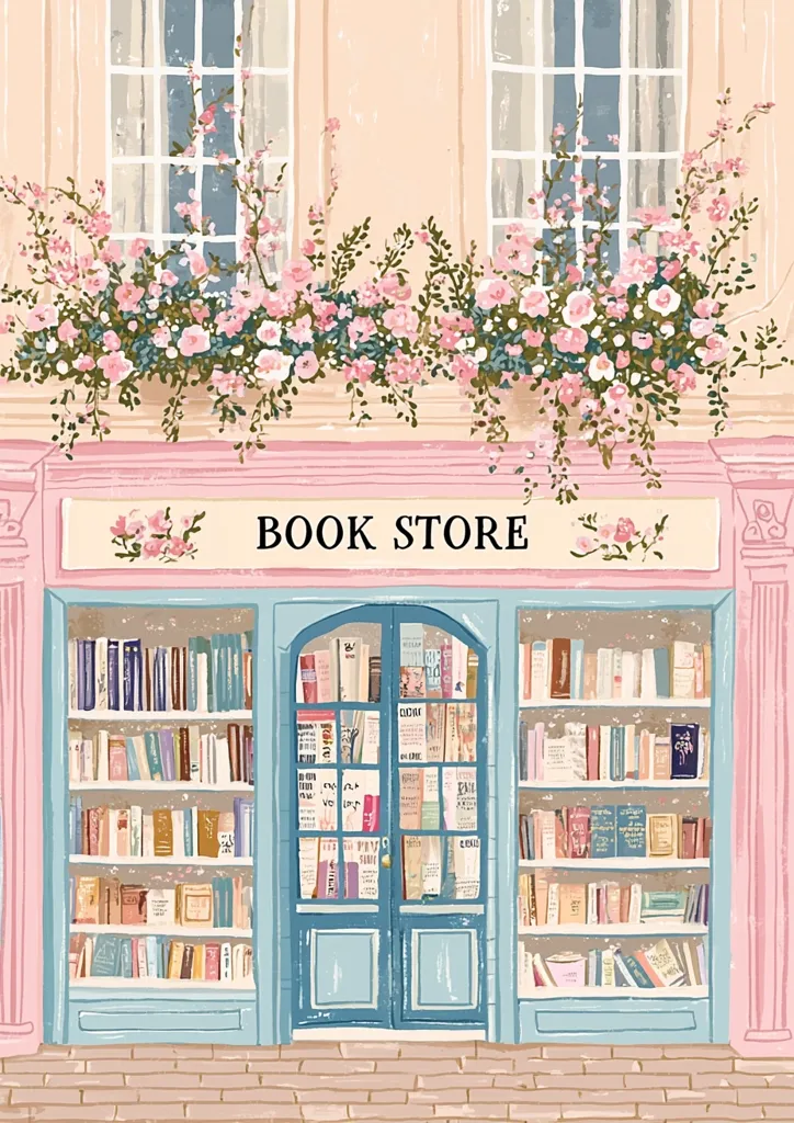 Here's a description of the image:

The illustration depicts a charming, pastel-colored bookstore.  A pale pink building is adorned with overflowing window boxes bursting with pink and white flowers.  The bookstore's sign, simply reading "BOOK STORE," sits above light blue shelves filled with numerous books. A glass-paned, arched doorway, also light blue, reveals more books within. The overall style is whimsical and romantic, evoking a sense of quaintness and serenity.  The brick pavement beneath completes the scene.