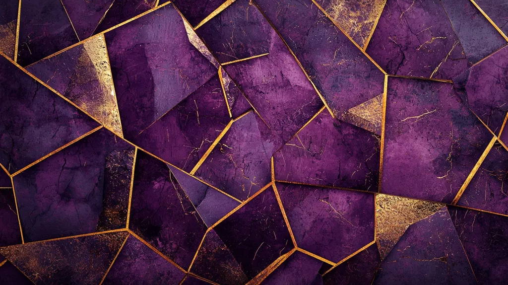 The image showcases a geometric pattern of deep purple, almost amethyst-colored, polygons.  These shapes are outlined with thin, gold lines, creating a striking contrast. The purple sections have a textured, slightly marbled appearance, adding depth and visual interest.  The overall effect is luxurious and sophisticated, reminiscent of precious stones or a high-end design.  Gold accents are subtly distressed, giving a sense of age and richness.