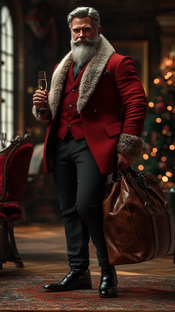A stylish, mature Santa Claus figure stands in a richly appointed room, holding a glass of champagne. He's dressed in a red coat with a fur-trimmed collar, a dark waistcoat and trousers, and polished black shoes. A large brown leather bag rests at his feet.  His long, white beard is neatly groomed, and he exudes an air of sophisticated elegance, contrasting a classic Santa image with a modern, luxurious twist. A Christmas tree with warm lights is visible in the background.