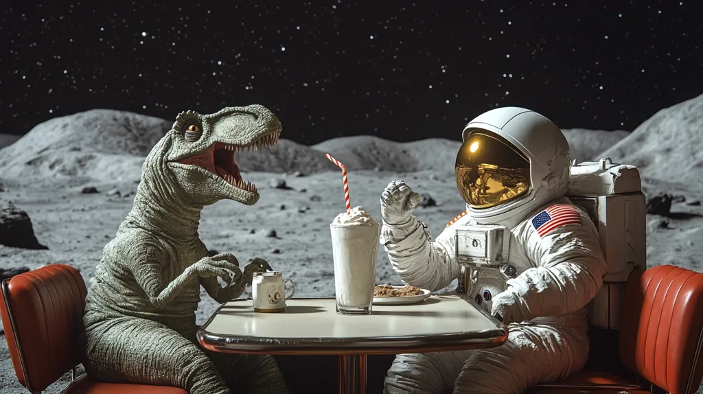Here's a description of the image:

An astronaut and a dinosaur share a diner-style table on the lunar surface under a starlit sky.  The astronaut, in a vintage-style spacesuit with an American flag patch, sits opposite a realistically rendered theropod dinosaur.  A milkshake and plate of cookies sit between them, with a cup and saucer for the dinosaur.  The scene is surreal and humorous, juxtaposing elements of science fiction and paleontology.  The setting is a desolate lunar landscape, creating a dramatic contrast with the commonplace diner setting.