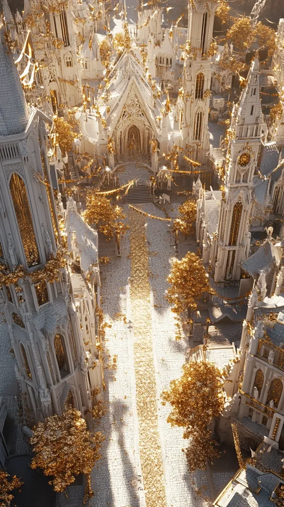 Here is a description of the image:

The image depicts a fantastical, bird's-eye view of a city.  White, ornate Gothic architecture dominates the scene, with tall spires and intricate detailing on the buildings.  A central cobblestone street is lined with golden-leafed trees, creating a path strewn with shimmering gold.  The overall effect is one of magical realism, suggesting a prosperous, perhaps even enchanted, kingdom.  The light suggests a sunny day, casting shadows that enhance the three-dimensional quality of the buildings and streets.  The golden foliage adds a rich, opulent element to the already stunning white cityscape.