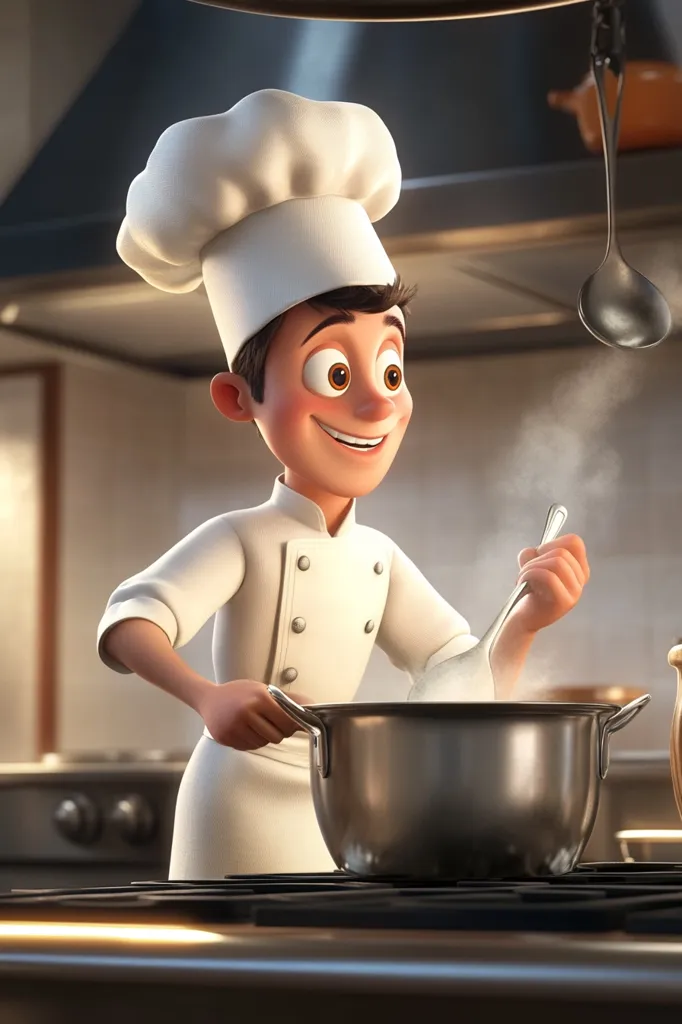 Here's a description of the image:

A cheerful, cartoon chef, sporting a tall white toque, is shown immersed in cooking. He's stirring a large pot on a stovetop with a long-handled spoon.  Steam rises from the pot, suggesting simmering contents. The chef's expression is one of happy concentration.  The kitchen setting is warm and inviting, with subdued lighting, suggesting a home-style cooking environment.  The overall style is 3D animation, with smooth textures and realistic lighting effects.