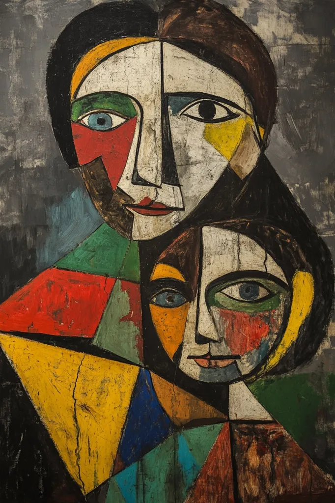 The artwork is an abstract portrait, possibly of a mother and child.  The style is Cubist, characterized by fragmented forms and bold, geometric shapes.  Vibrant colors—reds, greens, yellows, and blues—are juxtaposed against a muted gray background. The faces are stylized, with prominent eyes and simplified features, emphasizing the emotional connection between the figures. The painting's texture appears rough, hinting at the use of impasto techniques. The overall effect is powerful and expressive, capturing a sense of intimacy through abstraction.