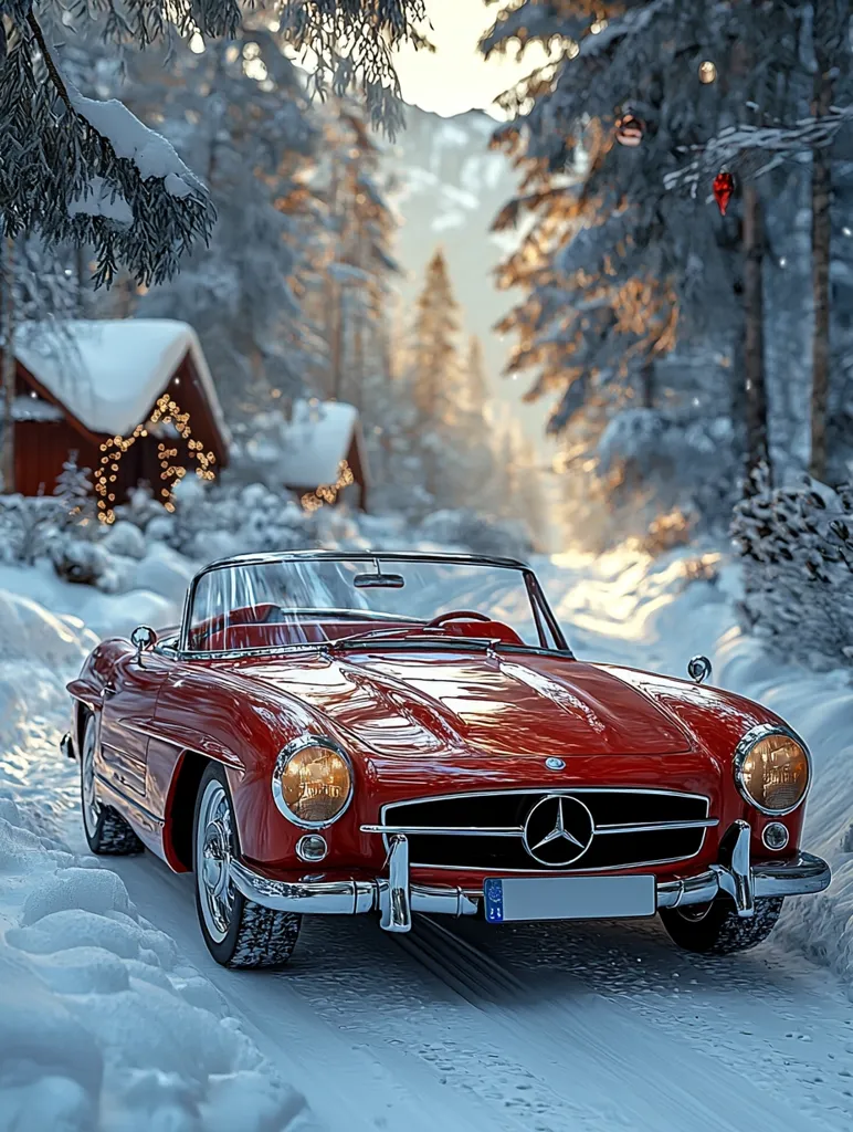 A classic red Mercedes-Benz 300 SL Roadster navigates a snow-covered road, nestled amidst a picturesque winter scene.  Snow-laden pine trees line the path, leading towards charming, snow-dusted cabins with warm, inviting lights. The setting sun casts a golden glow, creating a magical, festive atmosphere. The car's glossy paint and the pristine snow contrast beautifully, evoking a sense of timeless elegance and winter wonder.