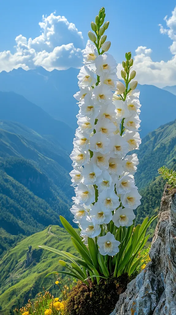 A stunning tall cluster of pristine white orchids bursts forth from a rocky outcrop.  The orchids, numerous and delicate, contrast beautifully against the vibrant green of rolling hills and mountains under a bright blue sky dotted with fluffy white clouds. The scene evokes a sense of serene beauty and the unexpected flourishing of life in a rugged, mountainous landscape.  The background suggests a high altitude location.