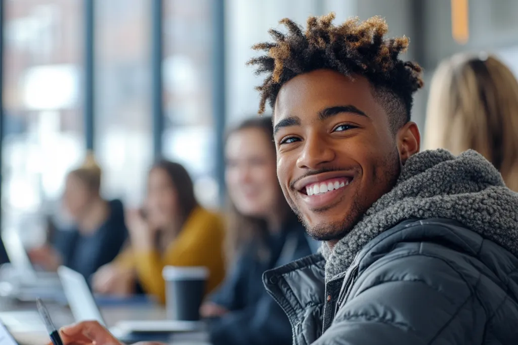 The image shows a young Black man with a warm smile, wearing a dark gray puffer jacket. His hair is styled in a short, textured afro. He's seated at a table, slightly turned towards the camera, with several other people blurred in the background, suggesting a collaborative work or study environment.  The background is out of focus, highlighting the man in the foreground. The overall mood is positive and friendly.