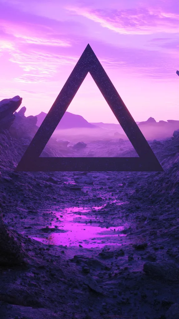 Here's a description of the image:

The image showcases a surreal, otherworldly landscape bathed in vibrant purple hues. A large, dark triangle frames a misty, mountainous horizon under a purple sky, creating a stark geometric contrast against the organic forms of the terrain. The foreground consists of rough, textured ground with a small pool of reflective, bright purple liquid. The overall atmosphere is dreamlike and mysterious, evoking a sense of alien beauty and solitude.  The color palette is consistently purple, varying in shades from deep violet to lighter lavenders.