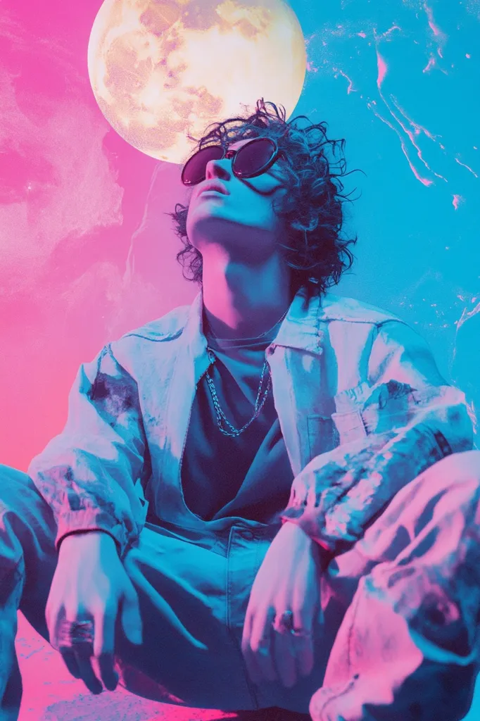 Here's a description of the image:

The image is a stylized portrait of a young person with curly hair, wearing sunglasses, a light-colored, slightly distressed jacket, and loose-fitting blue pants.  They are seated, looking upward, against a vibrant, surreal backdrop of pink and blue hues, featuring a large, pale moon. The overall aesthetic is dreamy and reminiscent of 80s synthwave or vaporwave art styles. The lighting is dramatic, emphasizing the subject's features and clothing, and creating a strong contrast against the background. The person wears several rings and a layered necklace.