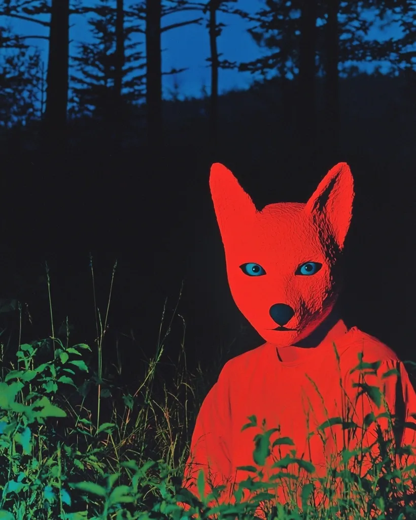 Here's a description of the image:

The photograph shows a figure, seemingly a child, wearing a vibrant red fox mask. The mask's texture appears rough, possibly papier-mâché, and features bright blue eyes. The figure is dressed in a matching red garment, partially obscured by tall grass. The background is dark, a silhouetted forest under a twilight sky. The overall effect is surreal and slightly unsettling, with the bright red contrasting sharply with the dark, natural setting. The image's lighting is dramatic, emphasizing the mask and the figure's red clothing.