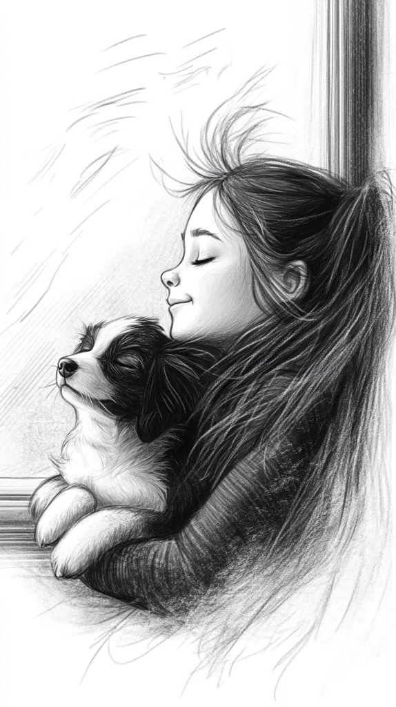 A grayscale pencil sketch depicts a young girl serenely resting her head against a small, fluffy dog.  The girl's eyes are closed, her hair flowing around her, suggesting peace and tranquility. The dog is nestled close, its head resting gently on the girl's shoulder.  The scene is framed by a window, with soft shading indicating a possible snowy or overcast day outside. The overall mood is one of quiet companionship and contentment.