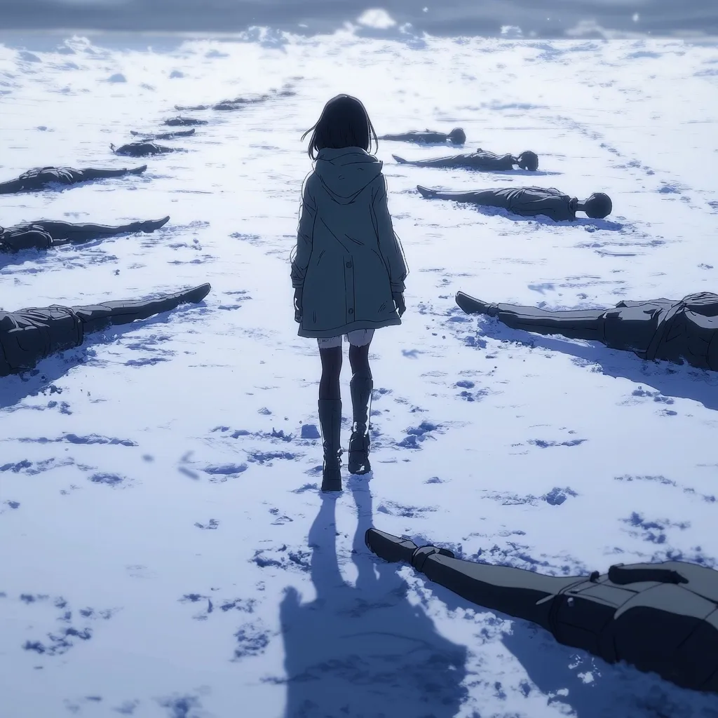 A young woman, clad in a light gray coat and boots, walks across a snow-covered landscape.  Numerous bodies lie scattered around her, sprawled in the snow, their dark clothing contrasting sharply with the white expanse. The scene is desolate and somber, with a cold, blue-toned light casting long shadows.  The overall mood is one of profound loss and isolation, suggesting a post-apocalyptic or otherwise catastrophic event.