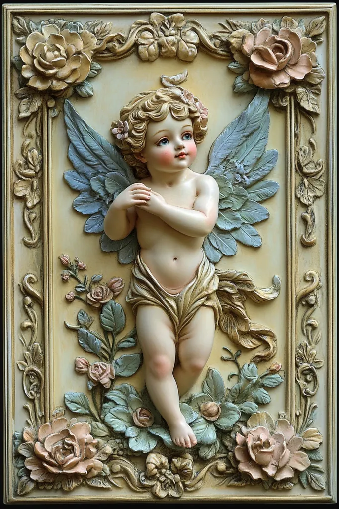Here's a description of the image:

The image shows an intricately carved bas-relief of a cherubic angel. The angel, with delicate features and pale skin, has light blue wings and is adorned with a floral crown. It's positioned centrally within an ornate, rectangular frame, featuring roses and scrolling foliage carved in a muted cream and pale green palette. The cherub's pose is serene, hands clasped in front, amid the blossoming flowers. The overall style suggests a vintage, perhaps antique, or classical aesthetic. The carving is highly detailed and three-dimensional within the flat frame.