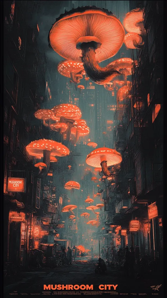 Here's a description of the image:

The artwork depicts a surreal, cyberpunk-esque city street scene at night, dominated by an abundance of large, glowing orange mushrooms suspended in the air above the buildings.  These bioluminescent fungi create a dramatic, otherworldly ambiance. The city's architecture is densely packed, with tall, narrow buildings displaying neon signs, hinting at a futuristic or perhaps dystopian setting.  Figures of people are faintly visible below, adding a sense of scale and daily life within this unique environment.  The overall color palette is dark and moody, with the vibrant orange of the mushrooms providing a striking contrast. The title "Mushroom City" is prominently displayed at the bottom.