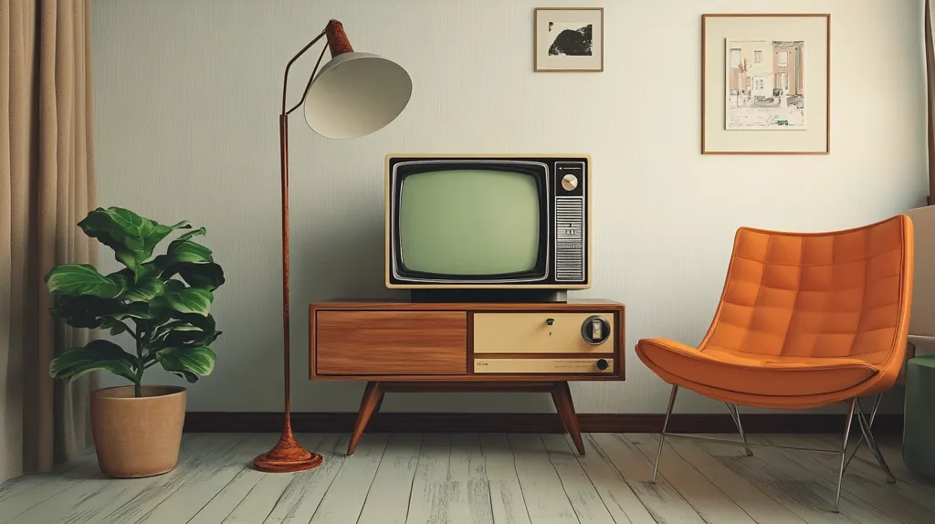 A mid-century modern living room scene features a vintage television set on a wood and beige cabinet.  An orange upholstered chair sits to the right, and a floor lamp with a conical shade stands to the left.  A ficus lyrata plant in a terracotta pot adds a touch of greenery. The walls are a light beige, adorned with framed artwork in a similar style. The overall aesthetic is calm and nostalgic, evoking a sense of retro charm.