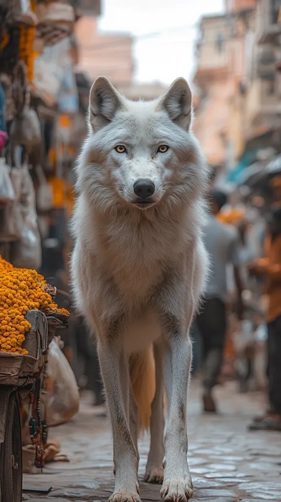 A majestic, light-grey wolf stands in the center of a bustling, narrow street in what appears to be a city in India.  The wolf's gaze is direct and intense, contrasting sharply with the blurred background of people and market stalls.  Bright orange marigold flowers are visible in a nearby cart.  The scene blends the wildness of the animal with the vibrant chaos of human life. The cobblestone street adds texture to the image.