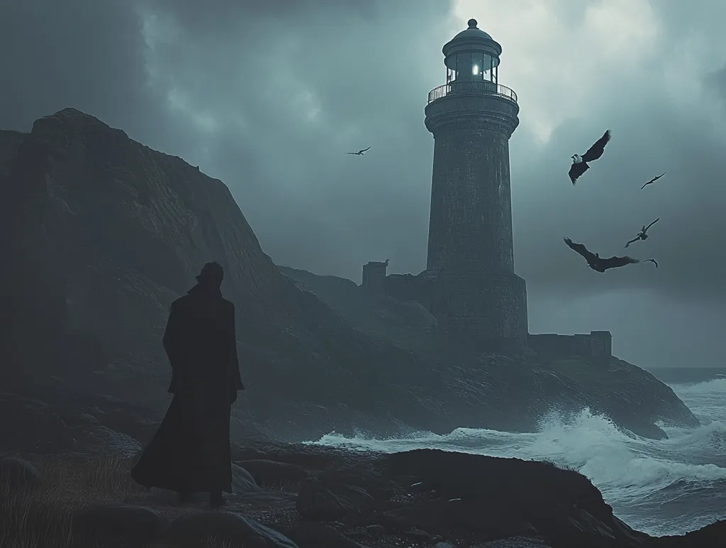 A solitary figure, cloaked in darkness, stands on a rocky shore, gazing towards a tall, imposing lighthouse.  The scene is shrouded in a moody, twilight atmosphere.  Stormy waves crash against the rocks, while several birds fly against the overcast sky. The overall feeling is one of isolation and foreboding, hinting at a sense of mystery and perhaps impending danger. The lighthouse, though a beacon of light, feels somewhat ominous within the context of the dark and stormy setting.