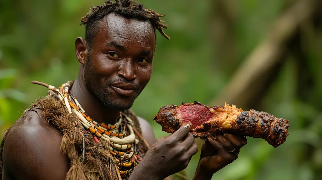 Here's a description of the image:

Close-up view of a dark-skinned man, adorned with tribal jewelry and natural materials, holding a piece of cooked meat.  He is smiling subtly, and his expression is one of contentment.  The man's dark hair is styled in dreadlocks. The meat appears to be roasted, with a charred exterior and a visible red interior. The background is blurred, showcasing a lush green tropical forest environment. The overall image suggests a cultural depiction of a hunter or a person celebrating a successful hunt or meal.