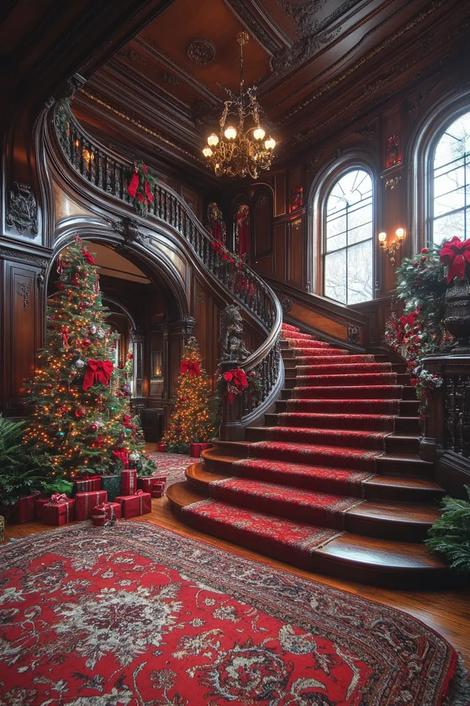 A grand, dark wood staircase, adorned with a rich red carpet, dominates the scene.  Two Christmas trees, laden with ornaments and gifts, flank the base.  Garlands and poinsettias add festive touches.  A large chandelier hangs from the ornate ceiling, illuminating the opulent space.  The large windows let in natural light, highlighting the luxurious details of the mansion. The overall atmosphere is one of elegant holiday splendor.