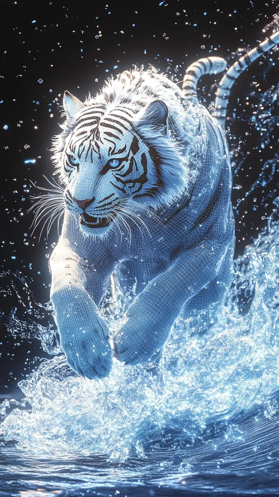 A stunning digital artwork depicts a white tiger, rendered in a wireframe style, bursting from water.  The tiger's form is outlined by a glowing blue mesh, contrasting against its white fur.  Water splashes dynamically around it, creating a sense of motion and energy.  The dark background and sparkling water droplets accentuate the tiger's ethereal beauty and power. The overall effect is a captivating blend of realism and digital artistry.