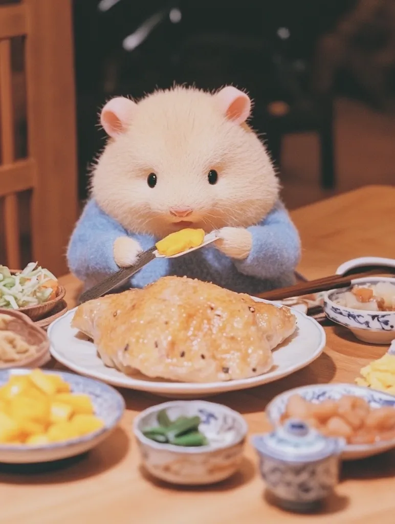 Here's a description of the image:

A fluffy, light-beige hamster, wearing a light blue sweater, sits at a table laden with food.  It delicately holds a small piece of yellow food with a tiny utensil. The table is set with a variety of dishes, including what looks like roasted meat, yellow cubes (possibly sweet potato or corn), and other small side dishes in bowls. The overall scene is warm and inviting, with soft lighting and a focus on the adorable hamster enjoying its meal.  The style is reminiscent of a charming children's illustration or animation.