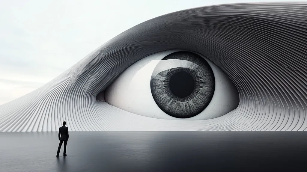 A lone figure in a suit stands before a colossal, stylized eye, seamlessly integrated into a wave-like architectural structure. The eye, rendered in grayscale with intricate detail, dominates the scene.  The building's smooth, curving lines create a dramatic contrast with the sharp edges of the man's silhouette. The overall atmosphere is surreal and slightly unsettling, suggesting themes of observation, surveillance, or perhaps the overwhelming power of perception.