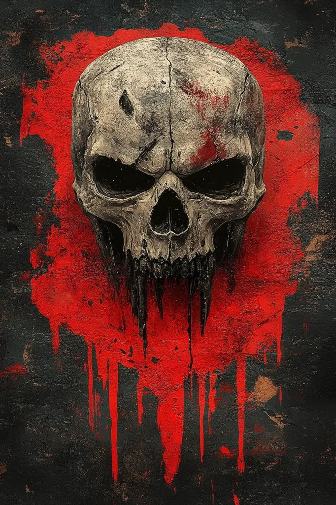 Here's a description of the image:

The image is a dark, gritty artwork featuring a central, detailed skull with pronounced fangs and a menacing expression.  The skull is rendered in shades of grey and beige, showing texture and subtle cracks.  It's positioned against a backdrop of dark, textured paint, heavily splashed with vibrant crimson, which drips down, creating a bloody, visceral effect. The overall mood is dark, violent, and potentially symbolic of death or aggression. The contrast between the skull's detail and the rough, expressive background adds to the piece's intensity.
