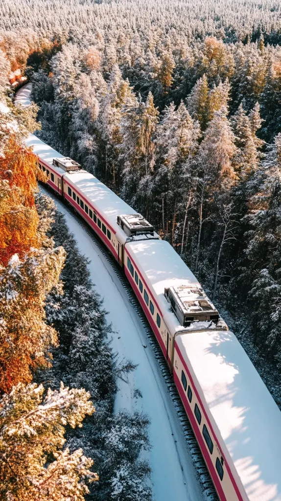 Here's a description of the image:

An aerial shot captures a long passenger train traversing a snow-covered railway line that winds through a winter forest. The train, primarily white with a pinkish-red stripe, is blanketed with a layer of fresh snow.  The surrounding trees are evergreens, heavily dusted with snow, interspersed with patches of autumnal foliage still clinging to some branches.  The scene offers a striking contrast between the warmth suggested by the train's color and the cold, snowy landscape. The perspective provides a dramatic view of the train's journey through the serene winter woodland.