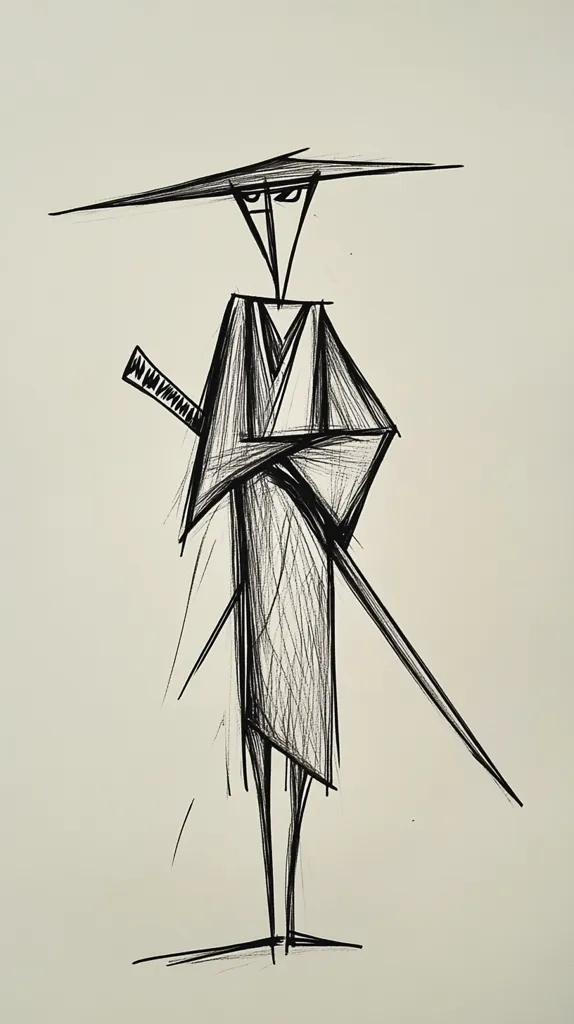 Here's a description of the image:

The drawing depicts a stylized figure, possibly a samurai, rendered in a minimalist, almost Cubist style.  The figure is elongated, with a wide-brimmed hat and a long robe.  A katana is held across the body.  The lines are predominantly hatched, creating texture and a sense of movement. The overall aesthetic is sharp, angular, and somewhat mysterious due to the figure's expressionless face and simple features. The background is plain, focusing attention on the striking figure. The style suggests a blend of Eastern influence and modern abstraction.