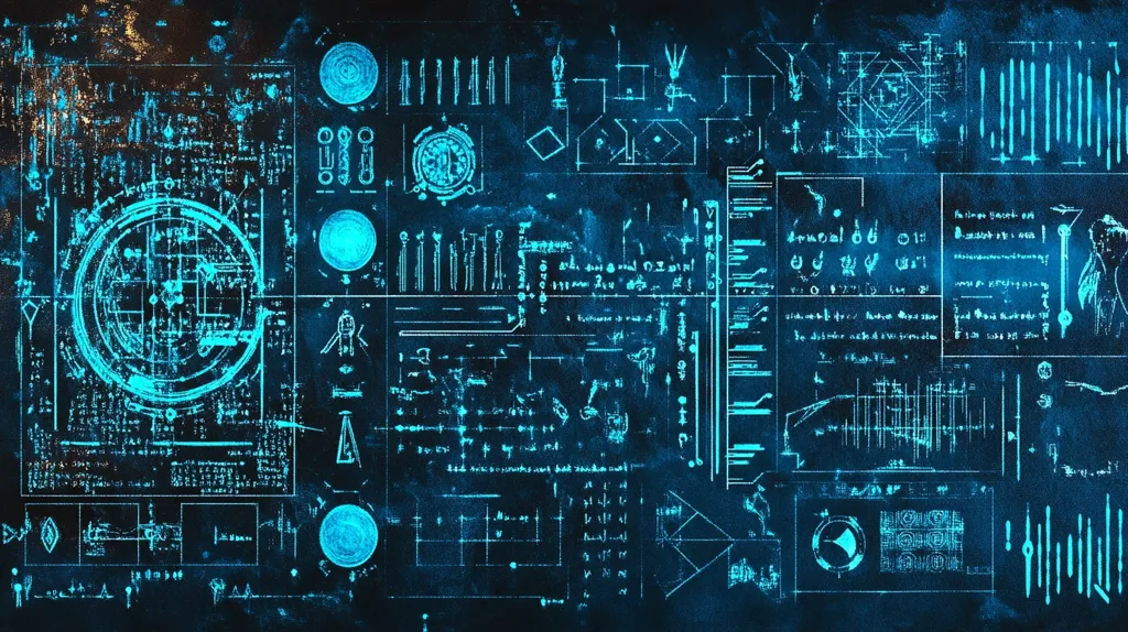 The image is a stylized representation of a complex technological or scientific interface.  A dark blue background is overlaid with a dense array of glowing turquoise symbols, diagrams, charts, and alphanumeric characters.  Circular elements, geometric shapes, and lines intertwine, suggesting intricate data streams or schematics. The overall effect is one of futuristic complexity and technological mystery.  It resembles a futuristic control panel or a highly advanced scientific document.
