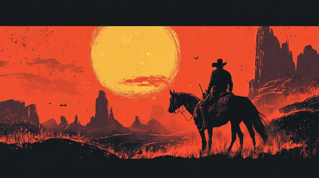 A lone cowboy, silhouetted against a fiery sunset, sits astride his horse.  The vast, red-hued landscape of the American West stretches before them, featuring rugged mesas and a large, textured sun dominating the sky.  The overall style is reminiscent of classic Western art, with a dark, gritty feel emphasized by the bold color contrast and stark outlines. Birds fly in the distance, adding to the atmospheric setting.