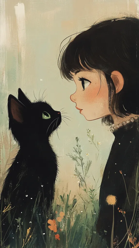 Here's a description of the image:

The illustration depicts a young girl with dark bobbed hair, styled in a somewhat vintage fashion, gazing intently at a small black cat.  The girl's expression is gentle and curious, mirroring the cat's attentive stare. They are positioned against a soft, muted background of grassy greenery and subtle wildflowers, creating a peaceful, whimsical atmosphere.  The artistic style is soft and painterly, with a slightly dreamy quality.  The overall tone is one of quiet companionship and gentle connection between girl and cat.