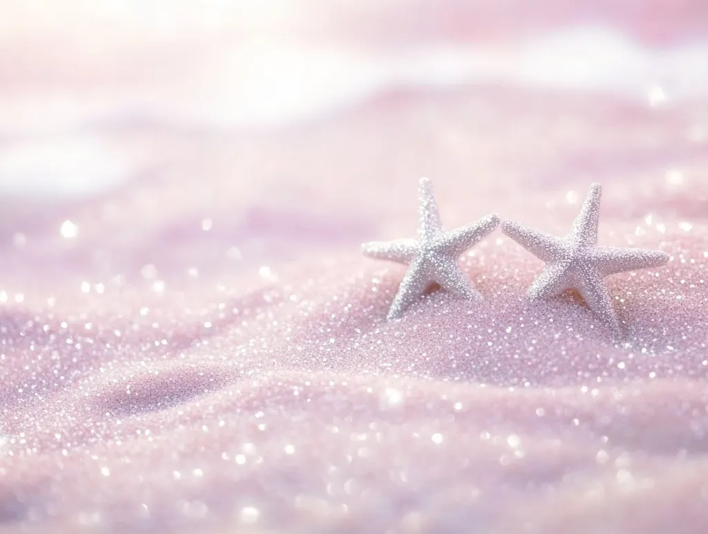 Two delicate, silver glitter starfish rest gently on a bed of shimmering, pink glitter.  The background is softly blurred, creating a dreamy, ethereal effect. The overall image evokes a feeling of serenity and gentle beauty, reminiscent of a sparkling beach at dawn. The light pink and silver tones create a calming and romantic atmosphere.