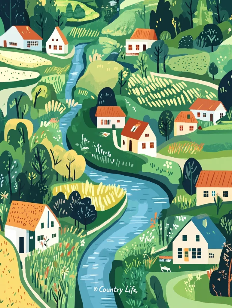 A vibrant illustration depicts a picturesque countryside scene.  A meandering river flows through a lush green valley, dotted with charming houses featuring orange-tiled roofs.  Fields of varying shades of green and yellow suggest cultivated land. The style is stylized and whimsical, with bold colors and simplified shapes creating a cheerful and idyllic atmosphere.  Trees and flowering plants add depth and texture to the landscape.  The overall impression is one of peaceful rural life.