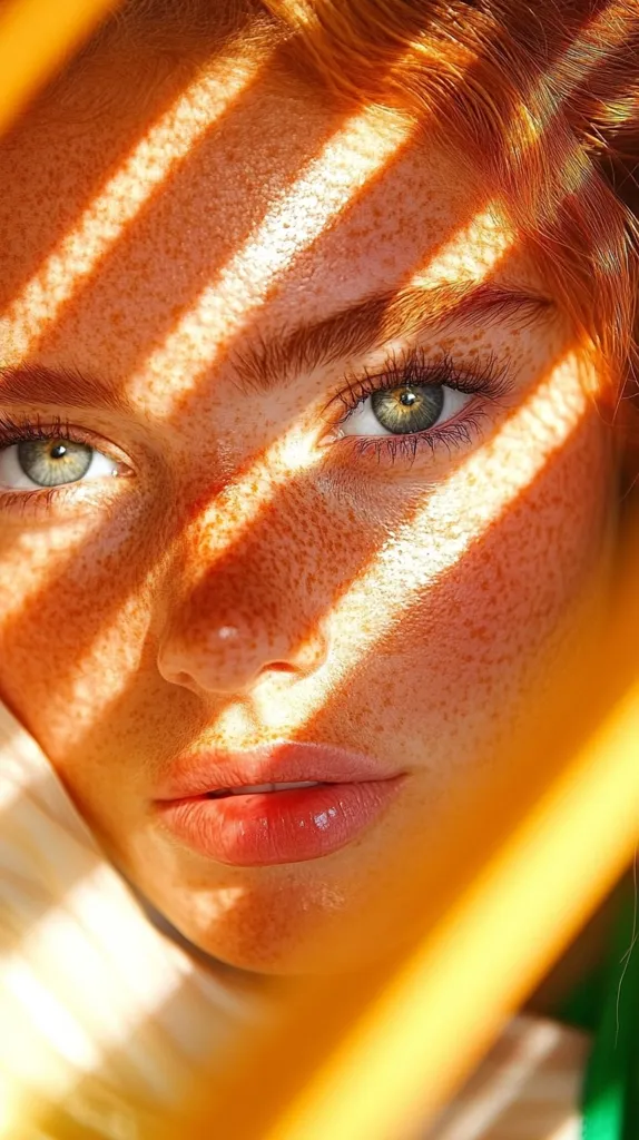 Here's a description of the image:

Close-up view of a young woman's face, heavily freckled and bathed in warm, golden sunlight streaming through what appears to be a slatted blind or similar object.  Her red hair is partially visible. The light creates dramatic stripes across her face, highlighting her features, particularly her bright green eyes and full lips.  The overall effect is one of natural beauty and sun-drenched warmth.  A hint of a light-colored garment is visible in the lower left corner, and a suggestion of green at the very bottom right.
