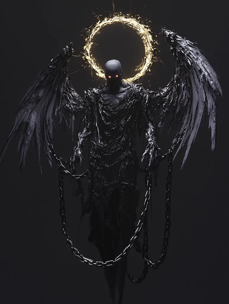 A digital rendering depicts a dark, almost demonic figure.  The creature possesses large, tattered black wings and a cloak-like garment that appears viscous and dripping.  Its head is bald, and glowing red eyes peer out from a shadowed face.  A golden halo encircles the figure's head, creating a stark contrast with its dark form.  Heavy chains drape from its hands, adding to the ominous and potentially captive nature of the being. The background is a simple, dark gray, emphasizing the figure's shadowy presence.