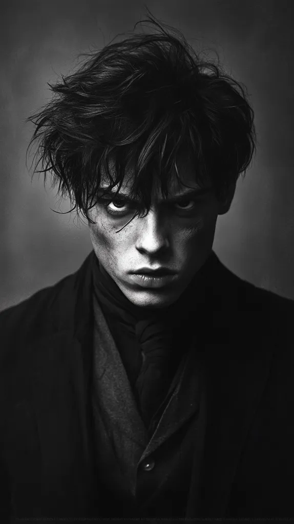 Here's a description of the image:

The black and white portrait showcases a young man with dark, tousled hair that partially obscures his intense gaze. His expression is serious, bordering on aggressive, with a firm set to his jaw and a slight frown.  He wears a dark, possibly velvet, collared jacket or coat, giving a somewhat gothic or brooding aesthetic. The stark contrast between the light and shadow accentuates his features, creating a dramatic and mysterious mood. The background is a simple, dark gray, keeping the focus entirely on the subject.
