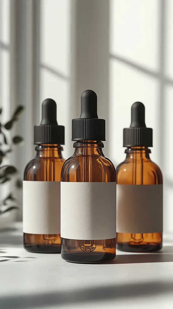 Three amber glass bottles with black dropper tops and blank white labels sit on a white surface.  Sunlight streams through a nearby window, casting shadows on the bottles and the background.  The bottles are similar in size and shape, suggesting a product line or set.  A sprig of greenery is visible in the blurred background, adding a natural element to the scene. The overall aesthetic is minimalist and clean.