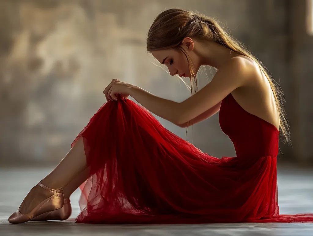 A young woman, possibly a ballerina, sits on the floor, her long blonde hair cascading down her back. She's dressed in a flowing red tulle gown, the fabric pooling around her slender legs.  Her head is bowed, and her hands gently gather the skirt, creating a sense of quiet contemplation or sadness.  She wears delicate ballet slippers. The background is a softly blurred, muted earth tone, emphasizing the vibrant red of her dress and the graceful lines of her pose.