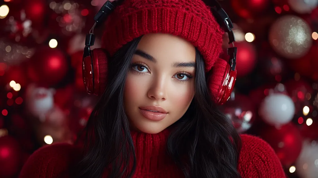 Here's a description of the image:

Close-up of a young woman with long, dark hair wearing a red knit beanie and matching sweater.  She has on red over-ear headphones. The background is blurred but shows a Christmas tree adorned with red and white ornaments and twinkling lights, creating a festive atmosphere.  The woman's expression is serene and slightly pensive. The overall tone is warm and inviting, emphasizing the holiday season.