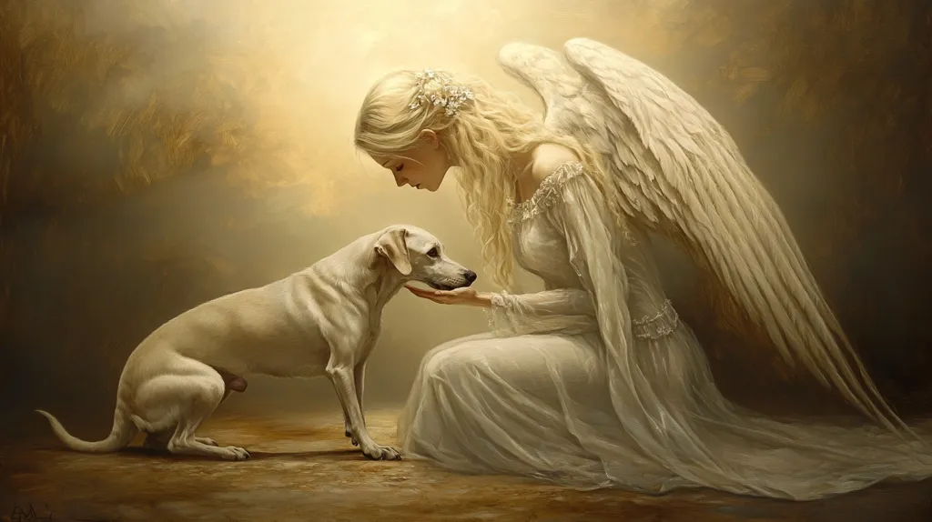 The painting depicts a serene angel, with long blonde hair and large white wings, kneeling gently.  She is dressed in a flowing white gown and offers her hand to a small, light-colored dog sitting before her.  The background is a soft, warm gold, creating a gentle, ethereal atmosphere. The scene evokes a sense of peace, compassion, and connection between the angel and the animal. The overall style is realistic yet fantastical, suggestive of a divine or spiritual encounter.