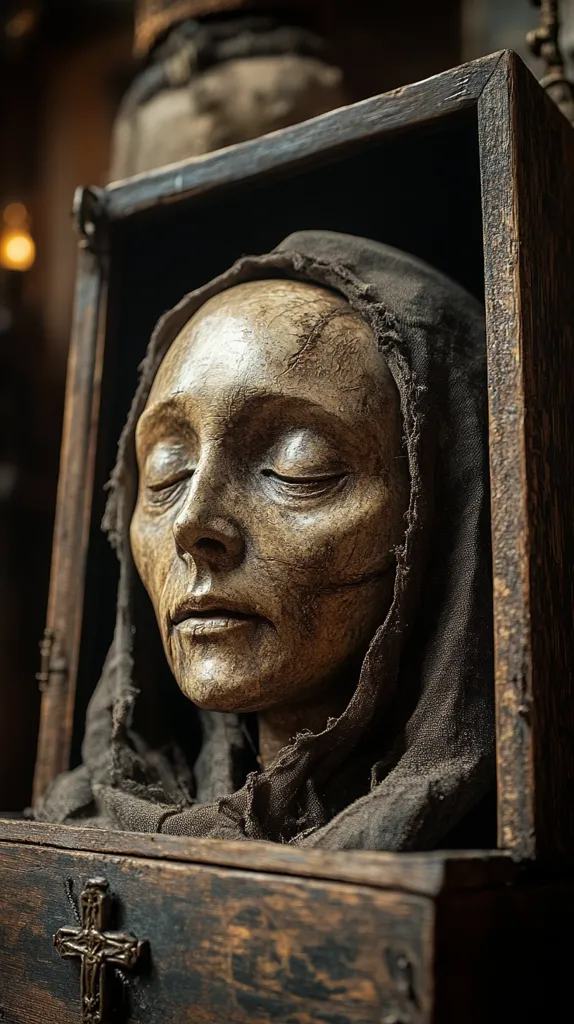 A weathered wooden box contains a haunting sculpted head, appearing as a lifelike, aged woman with eyes closed. The head is draped in dark, tattered fabric resembling a nun's habit.  The box's dark wood and the cross affixed to it enhance the somber, almost macabre, atmosphere. The piece evokes a sense of history and mystery, possibly referencing religious themes or mortality.  The detailed sculpting of the face creates a striking image.