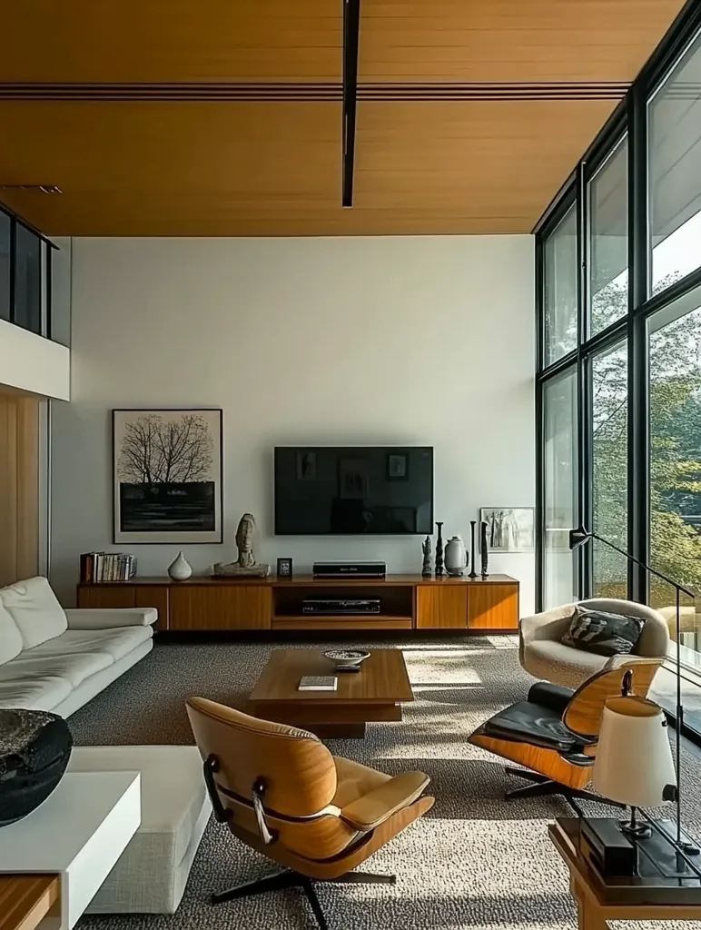 Here's a description of the image:

A mid-century modern living room is bathed in natural light streaming from large, black-framed windows.  The room features a light beige sofa, two iconic Eames lounge chairs in wood and leather, and a low wooden coffee table.  A long, mid-century style wooden media console sits beneath a flat-screen television.  The walls are white, contrasting with the warm, wood-paneled ceiling.  Artwork and decorative objects add personality to the minimalist, yet comfortable space.  The floor is covered in a neutral-toned carpet.  The overall atmosphere is sophisticated and serene.