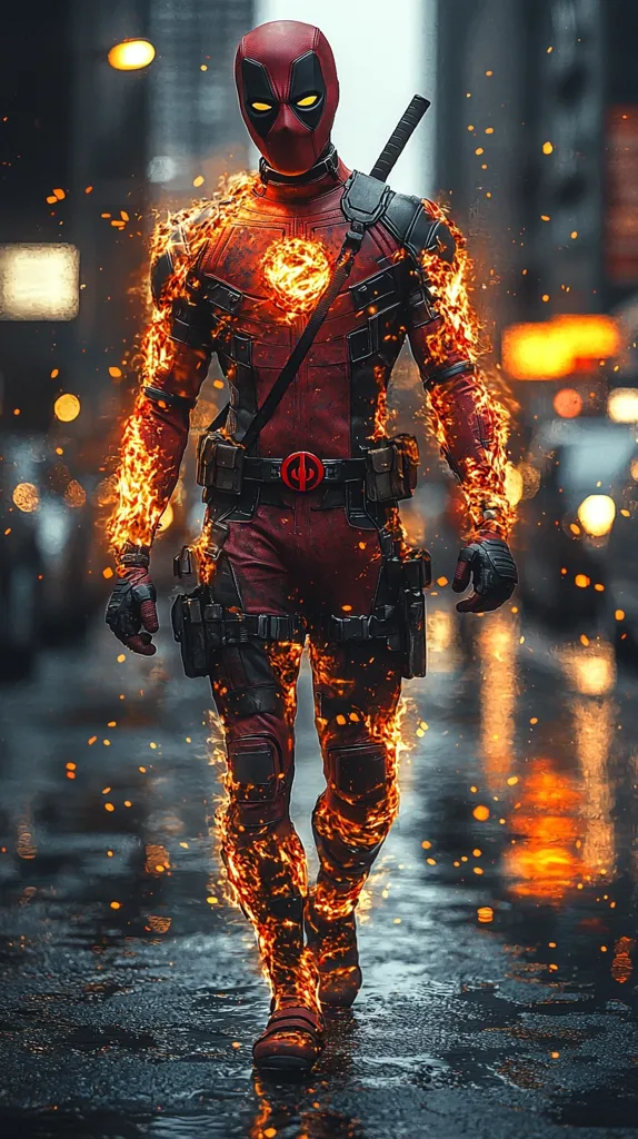 The image depicts Deadpool, the Marvel antihero, engulfed in flames.  He strides purposefully down a rain-slicked city street at night, his fiery form a stark contrast to the blurry city lights reflecting in the puddles.  His suit, typically red and black, is ablaze, the fire seemingly emanating from within.  A katana is sheathed on his back, and he maintains a serious expression beneath his mask. The overall mood is one of intense action and otherworldly power.