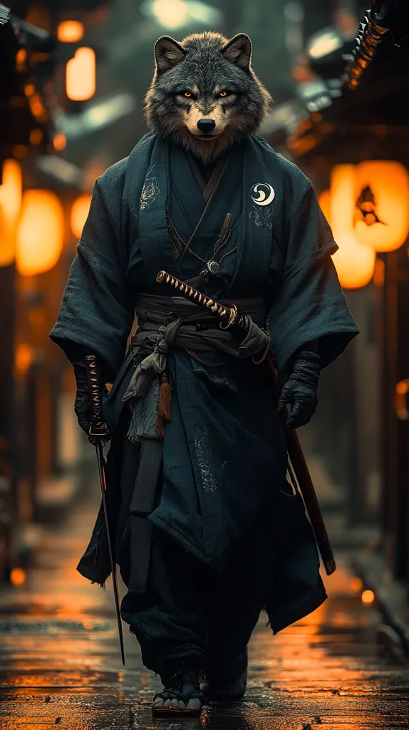 The image shows a striking figure, seemingly a wolf-headed samurai, walking down a dimly lit, wet alleyway.  He's clad in dark, traditional Japanese garb, a long, flowing robe cinched at the waist,  with two katana swords strapped to his side. The warm glow of lanterns reflects in the wet cobblestones, creating an atmospheric contrast to the figure's serious demeanor. The wolf's head is realistic, creating a surreal and captivating image. The overall feel is mysterious and powerful.